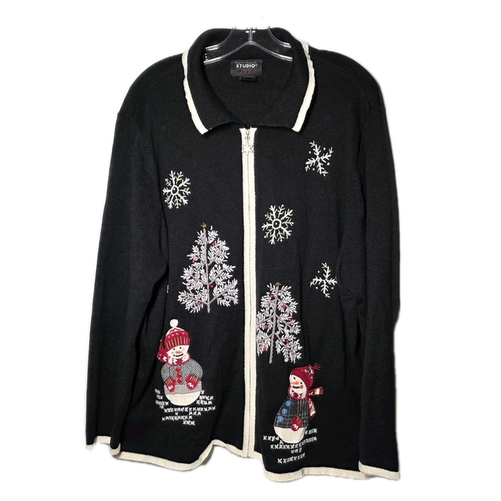 VTG Designers Original Studio Black Zip Christmas Sweater Cardigan Snowmen Sz 2X